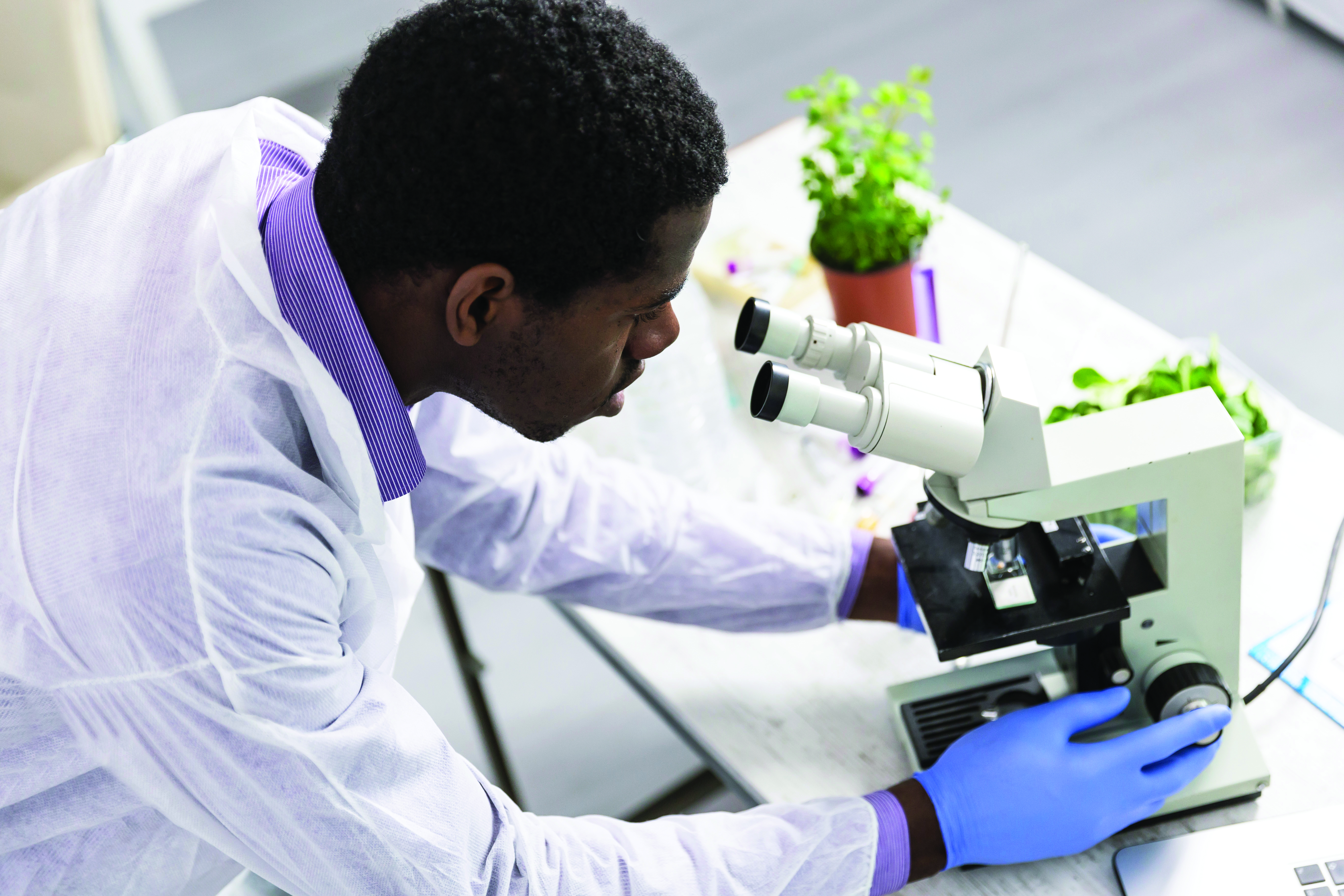 Man looking through microscope