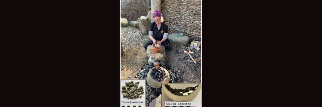Experimental archaeology recreating tin smelting using tin ore in a crucible, surrounded by charcoal powered by a simple skin bellows plus insets of tin ore used (alluvial cassiterite excavated from a Bronze Age site in Cornwall) and a sectioned crucible showing the tin metal produced