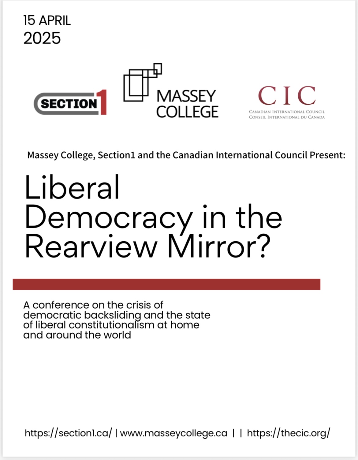 A poster for the event, Liberal Democracy in the Rearview Mirror