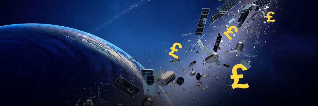 Illlustration showing space junk and money symbols orbiting Earth