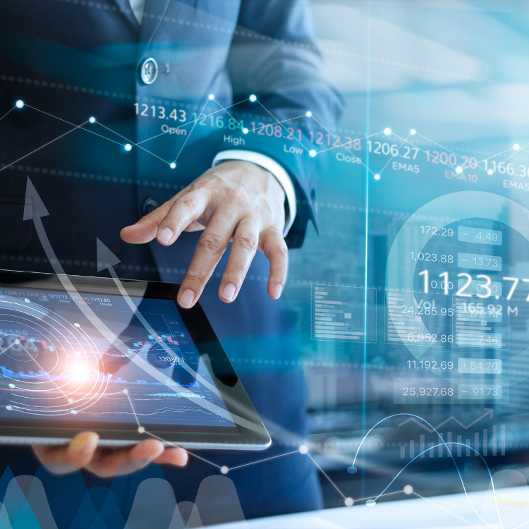 Data and Economic Growth conceptual picture, man in front of graphics