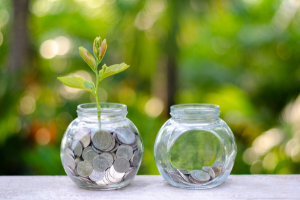 Coins in two jars and plant growing out of one jar