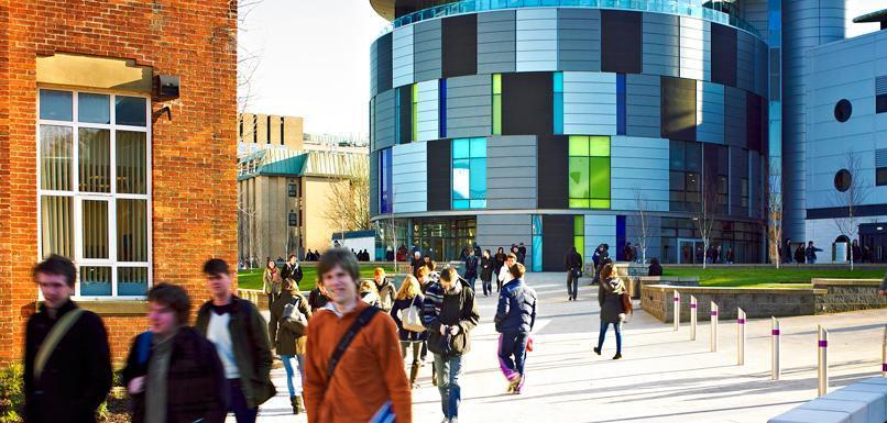 Lower Mountjoy Campus bustling with students and the Calman Learning Centre in the background