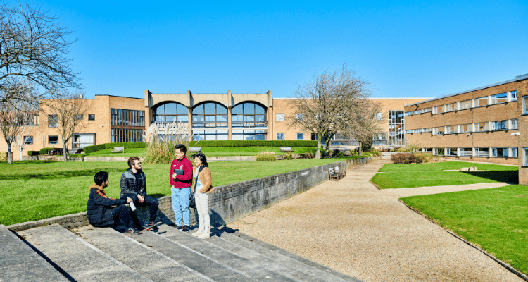 A group of students talking outside a college