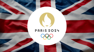 A graphic with a union jack background showing the logo for the Paris 2024 Olympics