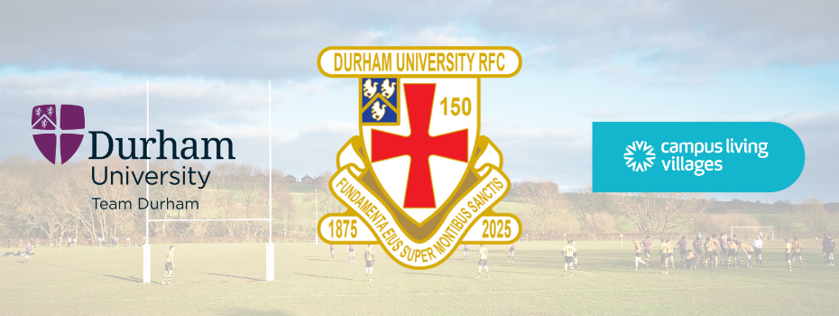 A graphic with Team Durham, DURFC at 150, and Campus Living Village logos in a row