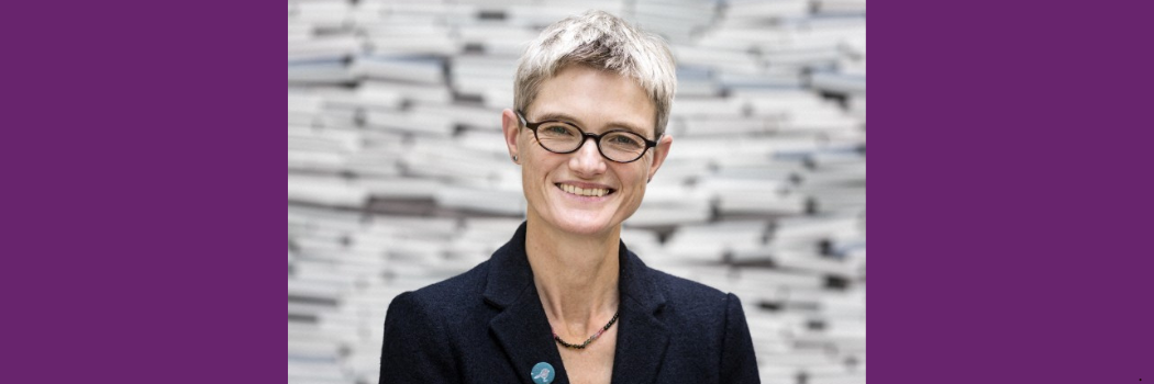 Professor Jane Macnaughton looking directly into camera, smiling, against a grey stone background