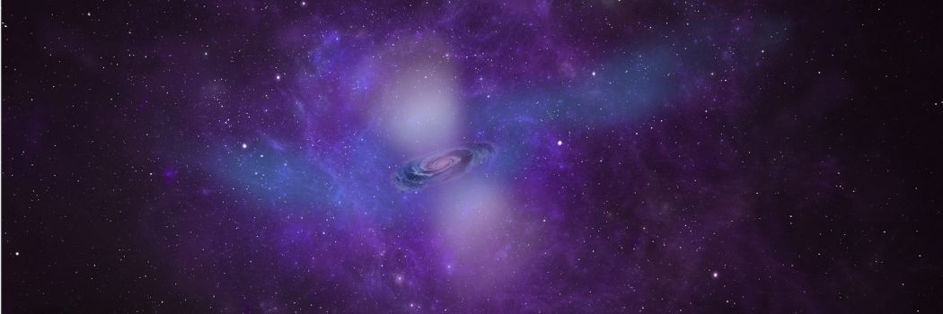 A spiral galaxy at the centre of the picture surrounded by purple and blue gas, against a starry backdrop