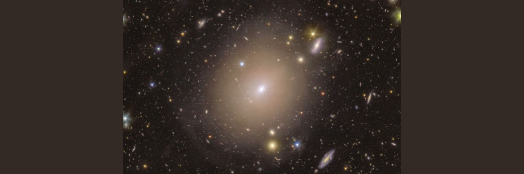 Euclid’s fuzzy view of galaxy NGC 6505 with an Einstein Ring around its centre, embedded in its cosmic neighbourhood. This wide field shows the extended stellar halo of NGC 6505 and showcases the Einstein Ring, surrounded by colourful foreground stars and background galaxies.