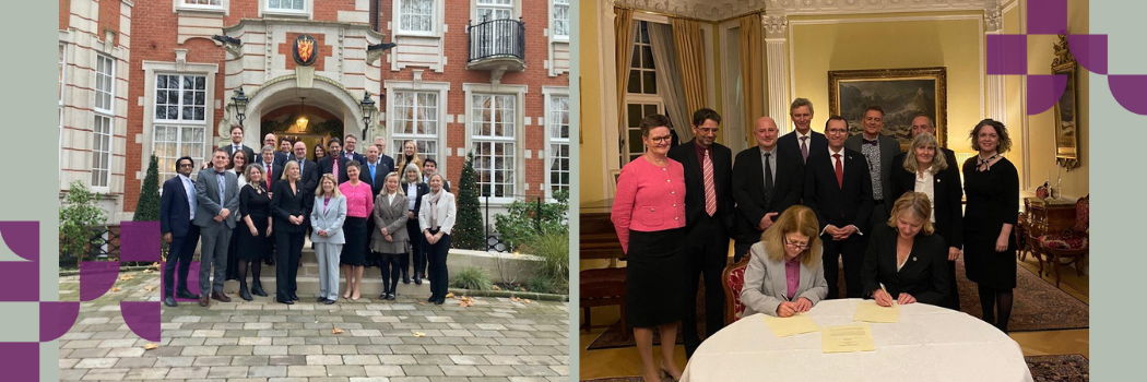 Two images side by side: A mixed group standing outside for the camera on the left, and mixed group standing inside smiling at two women signing an agreement at a table in front of them on the right