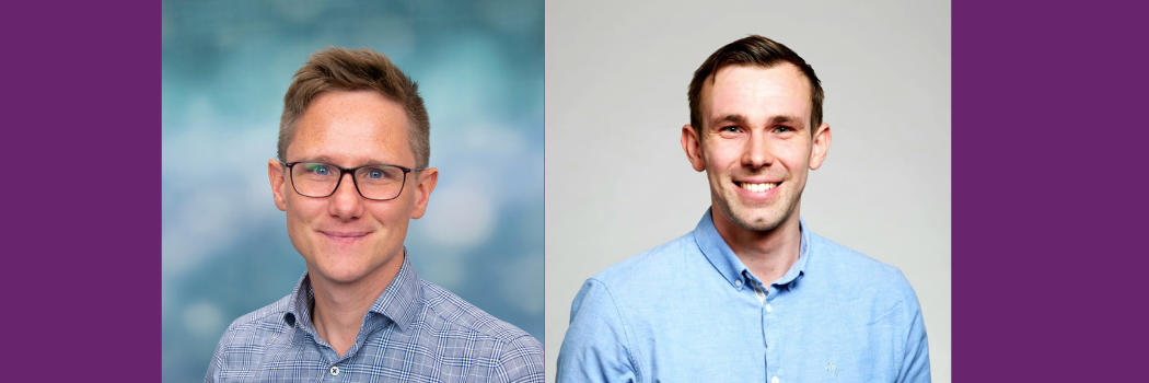 Two faculty members' headshots against a purple background