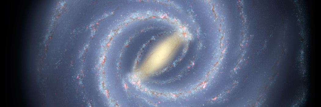 Artist's impression of the Milky Way galaxy with a bright yellow centre and white spiral arms against a blue background.