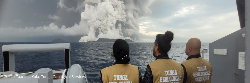 Members of Tonga Geological Services watch a volcanic eruption from a boat. Image credit Taniela Kula, Tonga Geological Services