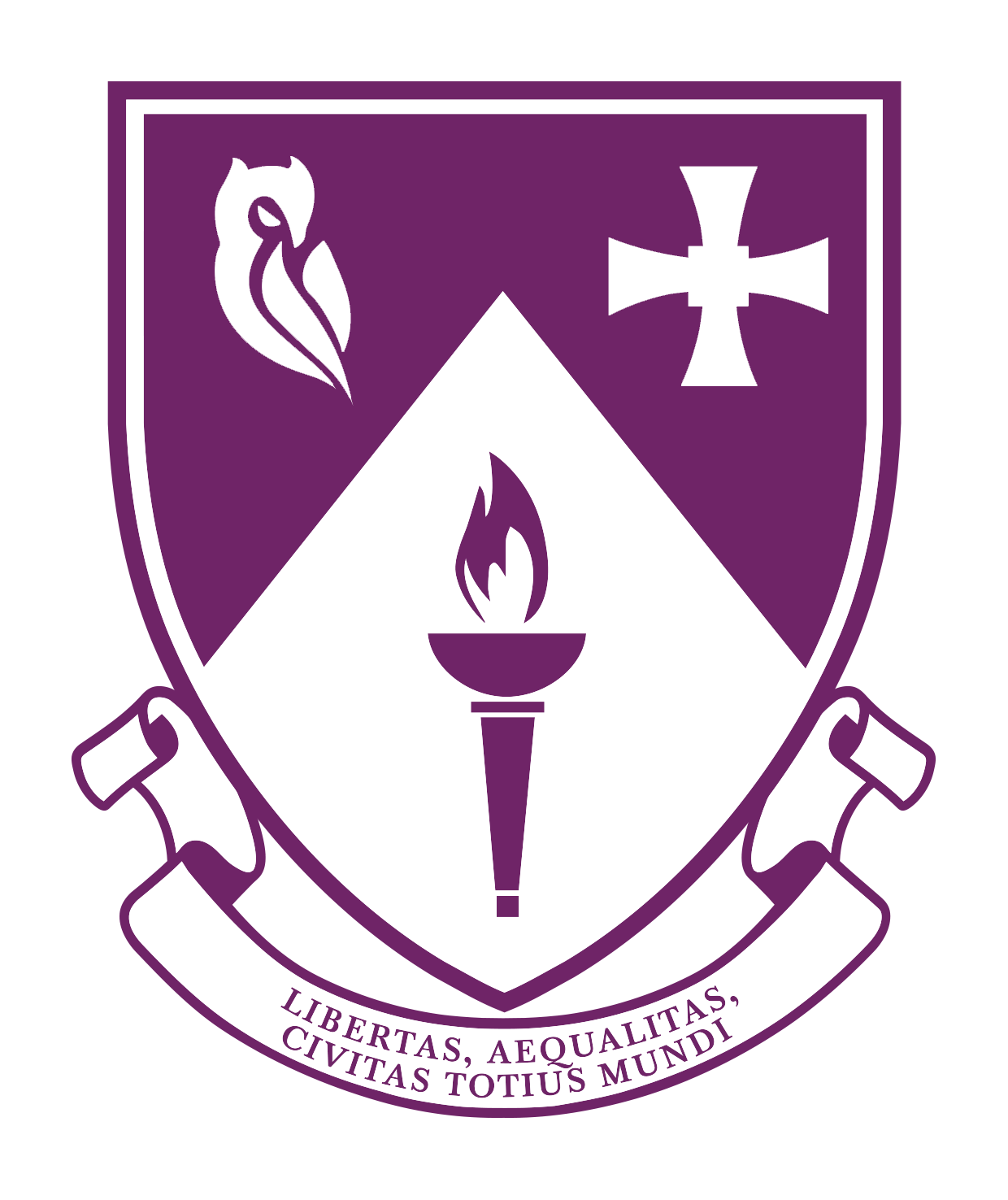 South College Crest purple with motto Libertas, Aequalitas, Civitas Totius mundi