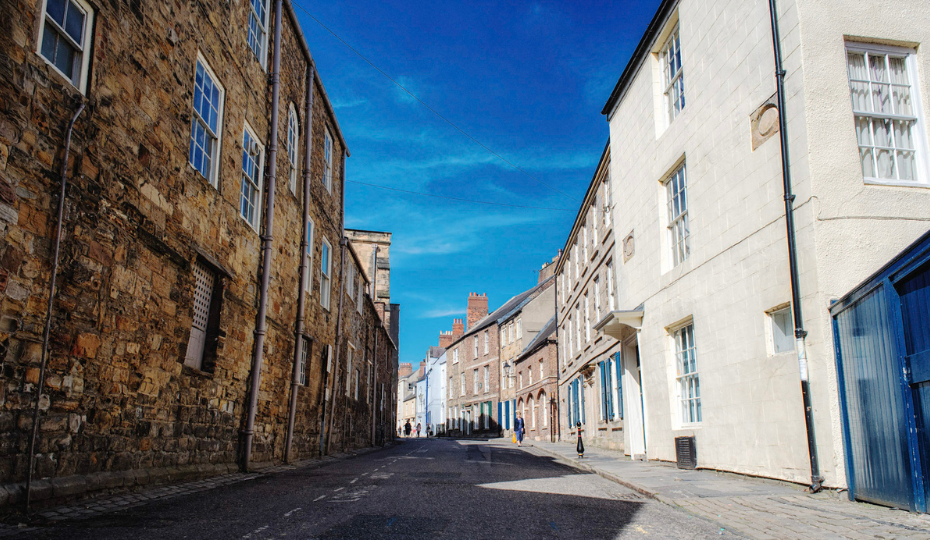 blue skies over a durham street