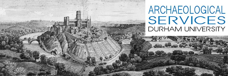 Old ink drawing of Durham with the cathedral and castle visible and Archaeological Services logo