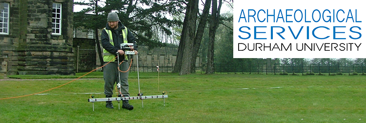 Archaeological Services logo with archaeologist doing resistivity survey as backdrop