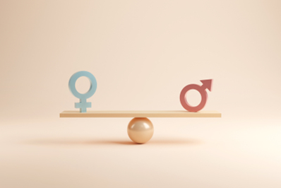 Symbols for male and female sit on either end of an equal pair of weighing scales