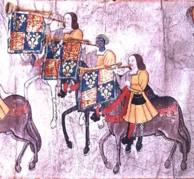 A painting of trumpeters in Tudor court dress on horses