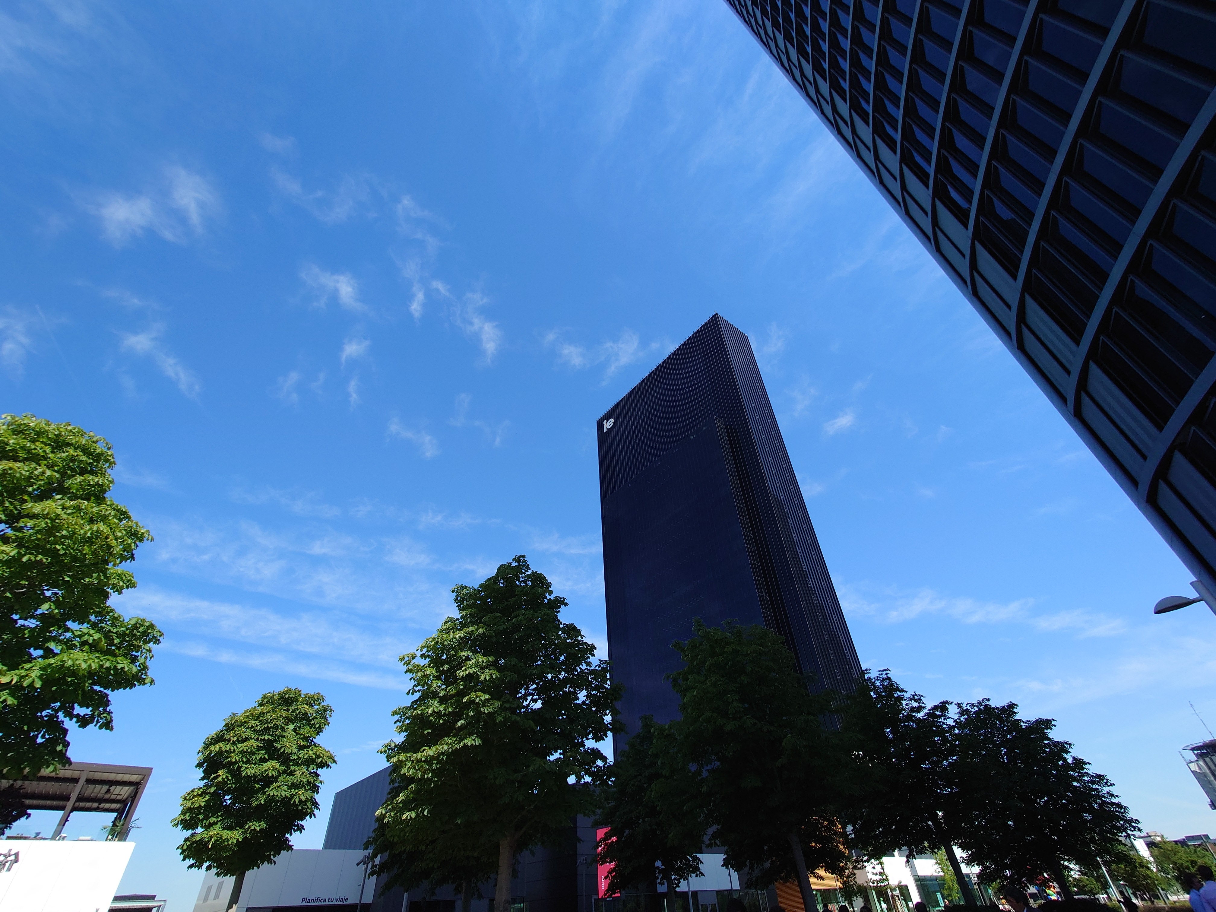 The IE tower against a blue sky.