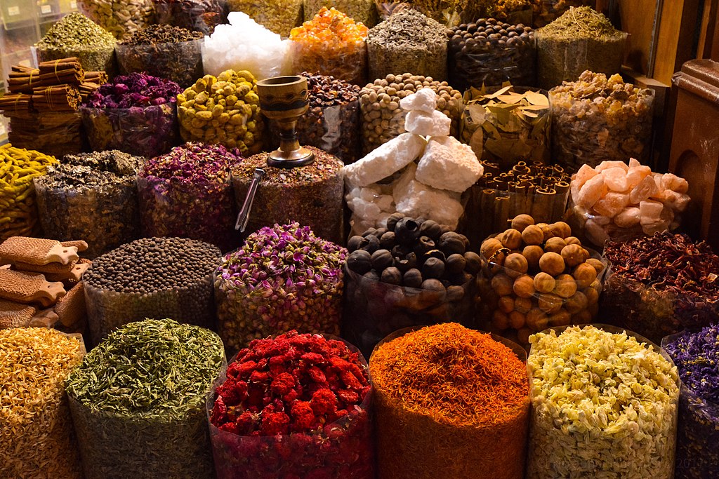 Colourful photograph of baskets of spices