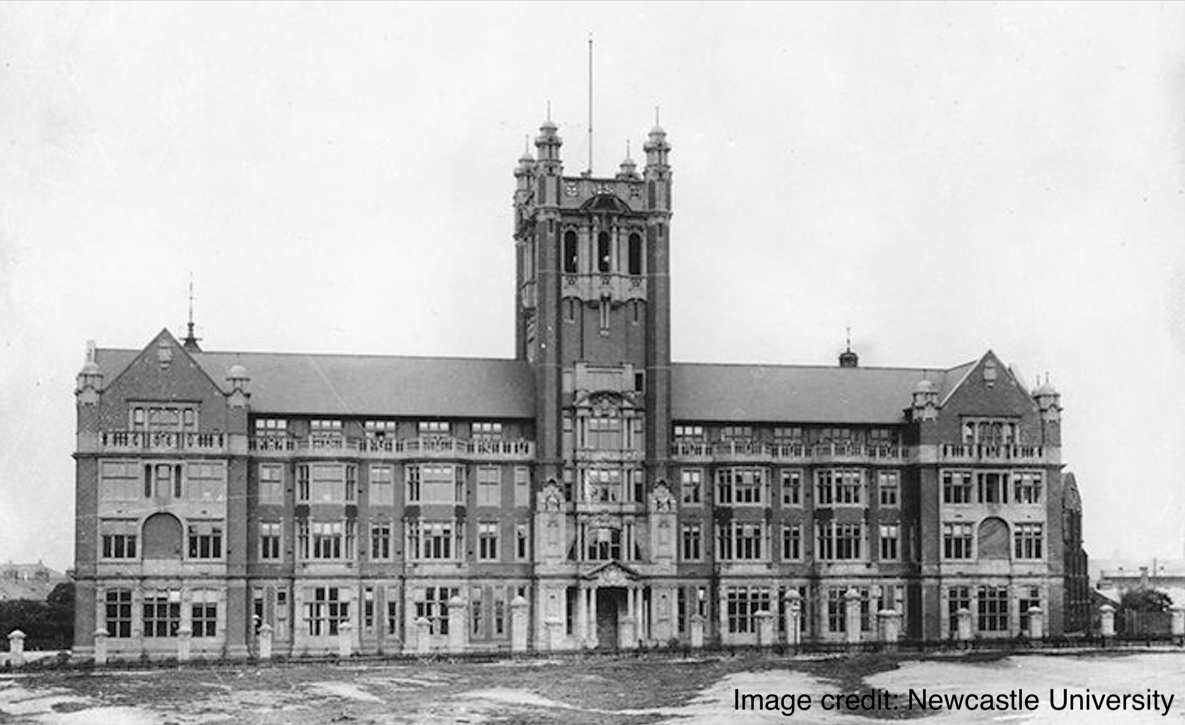 Black and white image of the Armstrong Building of Newcastle University when first constructed