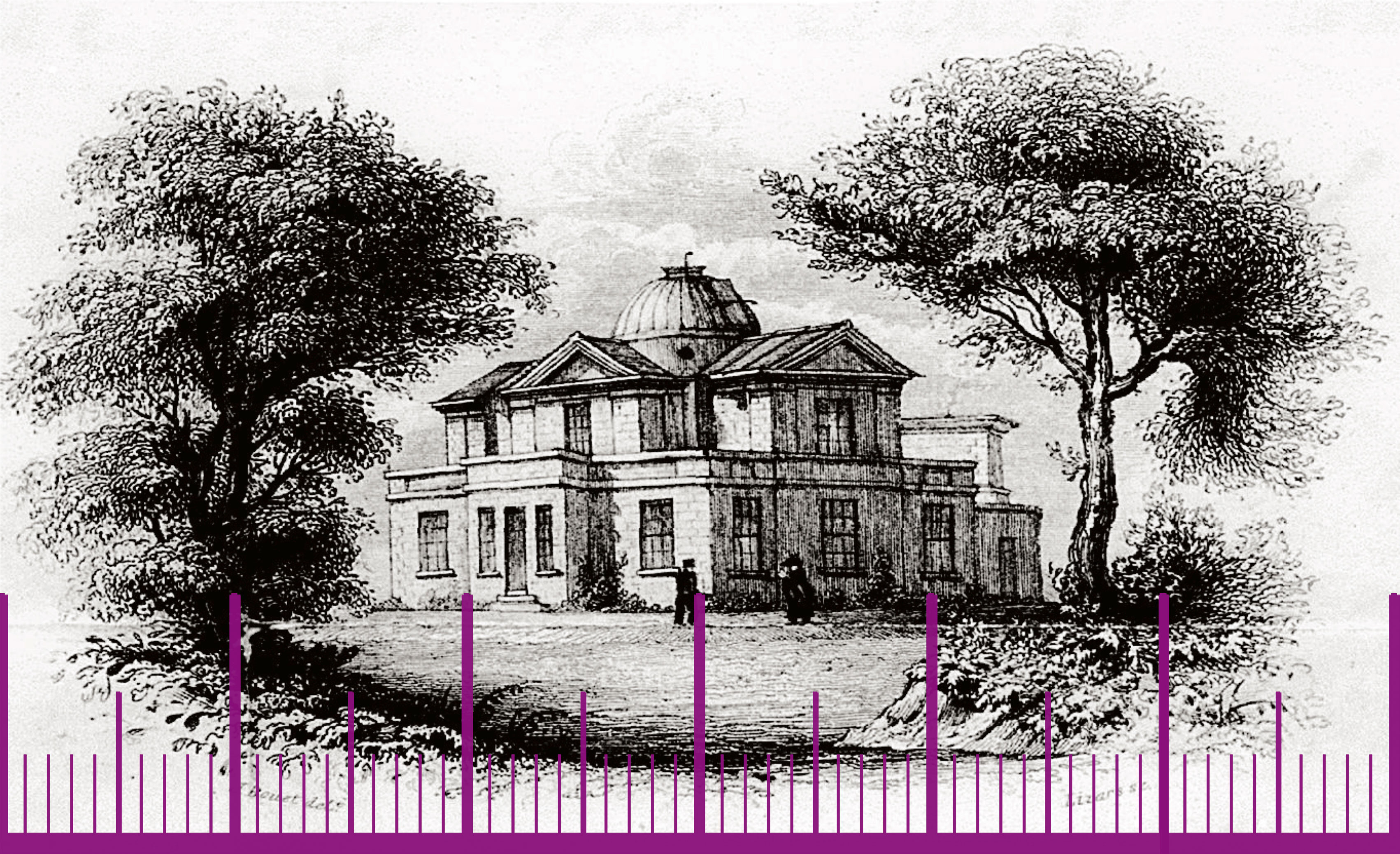 Background image of the DU Observatory as sketched in the 1840s, overlaid with a purple timeline graphic