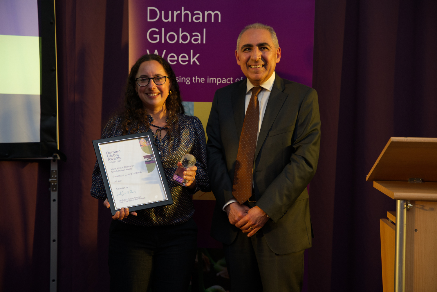 Professor Claire Horwell receiving the International Research Collaboration Award at Durham Global Awards 2024