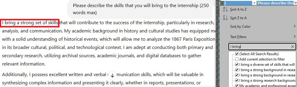 Example of AI statements compared to those submitted by students