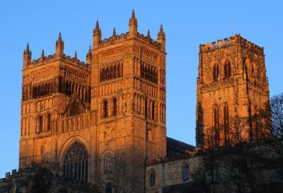 Exterior of Durham Cathedral during sunset
