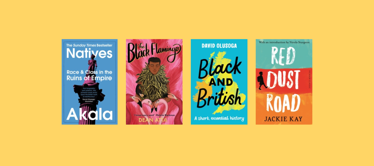 Book covers of Natives, The Black Flamingo, Black and British and Red Dust Road