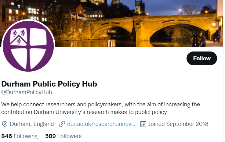 Durham Policy Hub Twitter Homepage with DU logo and facts about the Twitter page