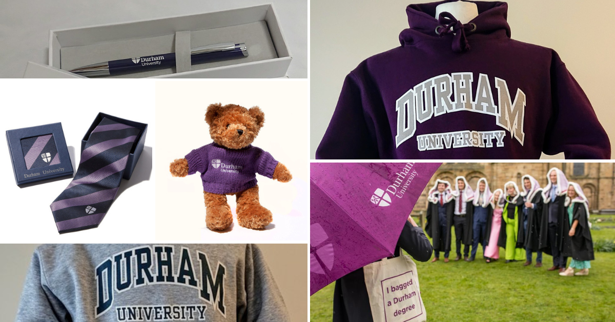 Various images of branded merchandise including hoodies, pen, bear, tie, umbrella and bag