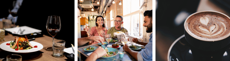 A plate of food, friends eating in a restaurant and a cup of coffee