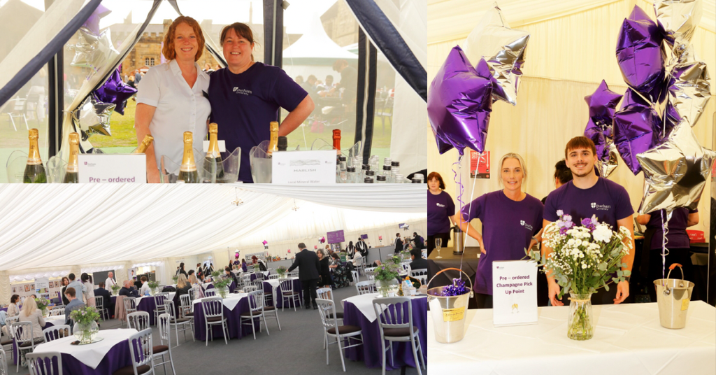 3 photo collage with staff at tables and cabaret style seating