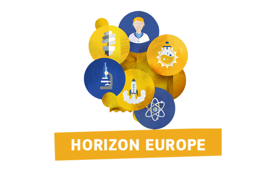 Official logo for Horizon Europe, blue and yellow circles with scientific images