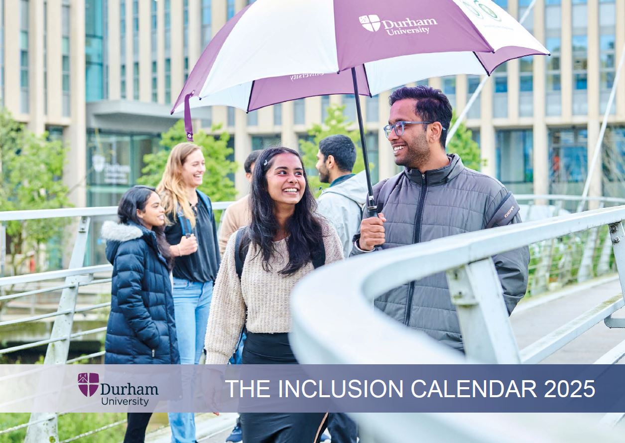 A group of students stand chatting, on a modern metal bridge outside a modern concrete and glass building. They are dressed in jackets and one holds a purple and white umbrella. They are outside the Waterside Building in Durham City centre