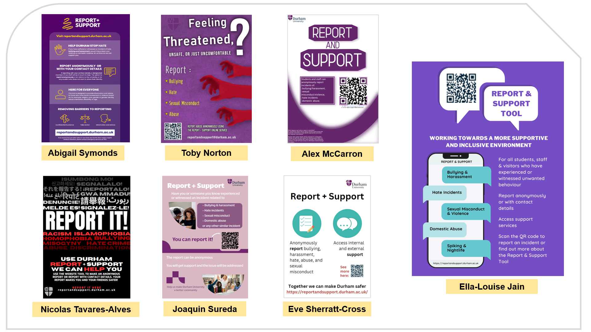 Image of seven Report and Support promotional posters