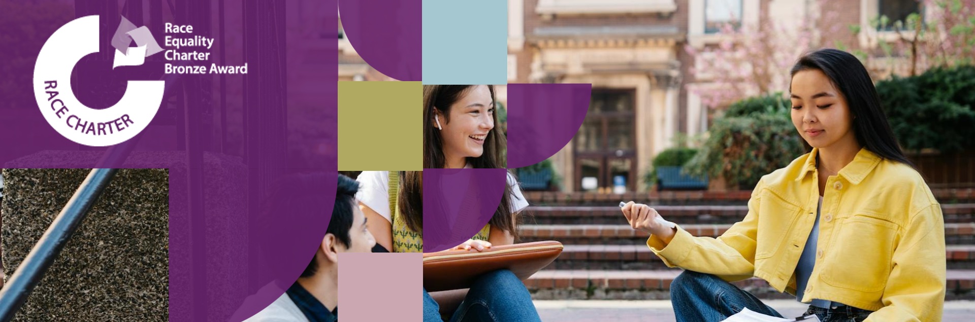 Three students sitting on the steps in front of a building. Image has purple tapestry with Race Equality Charter logo.