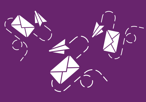 An illustration of white envelopes and dotted lines on a purple background