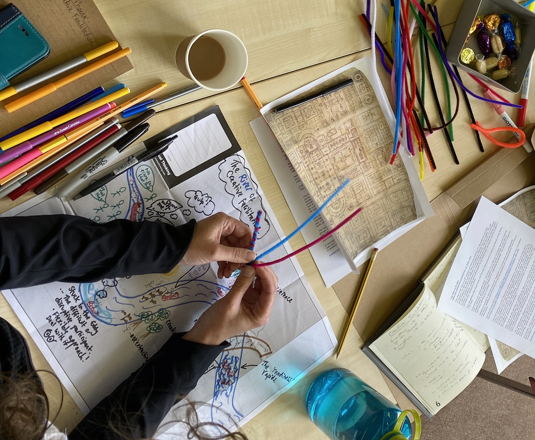 Table view of materials at a creative facilitation training session