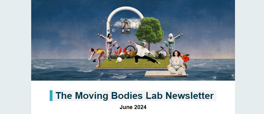 Inbox preview of Moving Bodies Lab Newsletter. The screen shot features the Moving Bodies Lab official artwork (A platform on a stormy sea on which a group of people of various body types, backgrounds and ages are perform different exercises). Beneath the image, is the heading 
