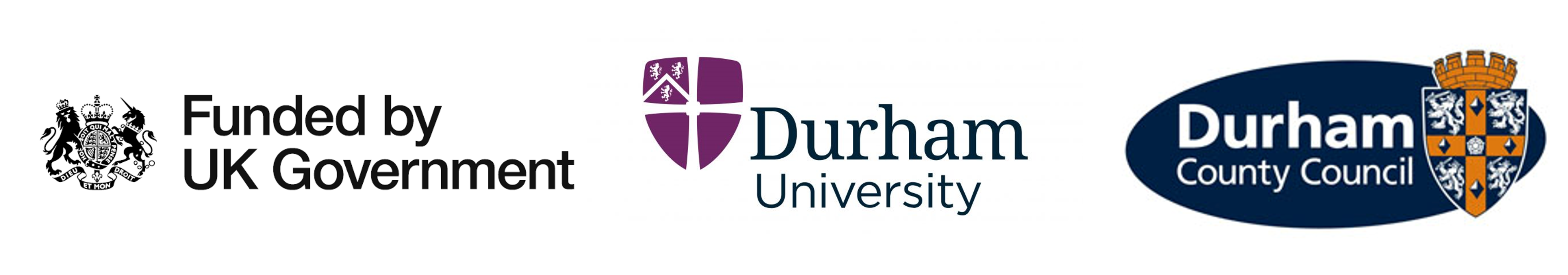 3 logos, Funded by UK Government, Durham University and Durham County Council