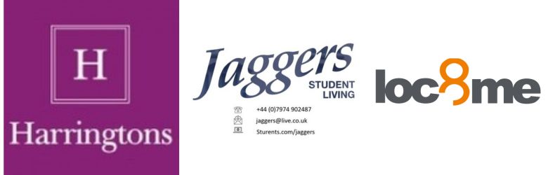 A row of logos for Harringtons, Jaggers Student Living, and Loc8Me lettings agents, who have signed the Durham City Student Lettings Code of Practice